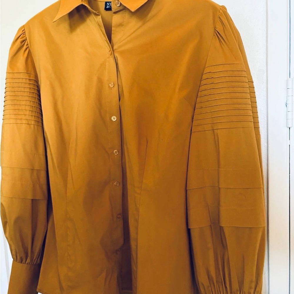 Pleated Balloon Sleeve Button Down Blouse in Yellow Gold by NY&C XXL (18/20 2X)